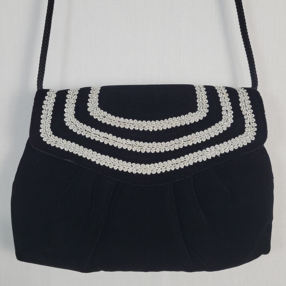Vintage La Regale Velvet Embroidered Purse Evening Bag Black Silver 1980s